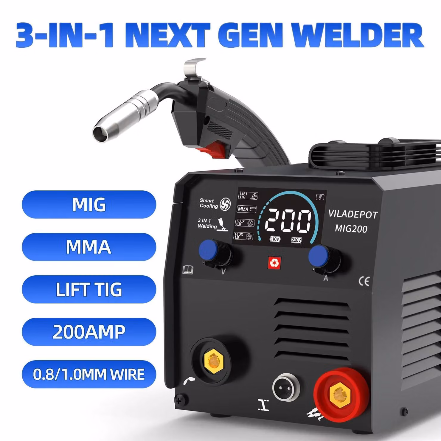 Saldatrice MIG 3-in-1 - MIG200 Inverter - MIG/MMA/TIG (con sollevamento dell'arco) - Funzionamento senza gas con filo animato - Semiautomatica, 15–200A - Spina EU, 220V