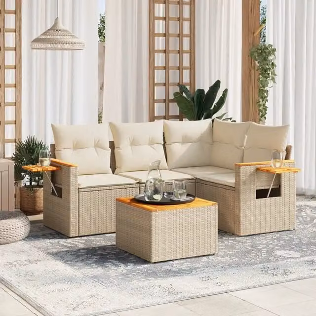 Set Divano da Giardino 5 pz vidaXL in Polyrattan Beige con Cuscini e Tavolino da Esterno