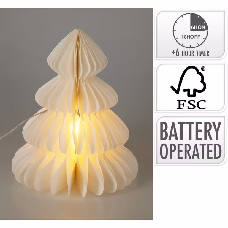 Albero di Natale a LED illuminato con timer bianco caldo in carta bianca alto 28 cm