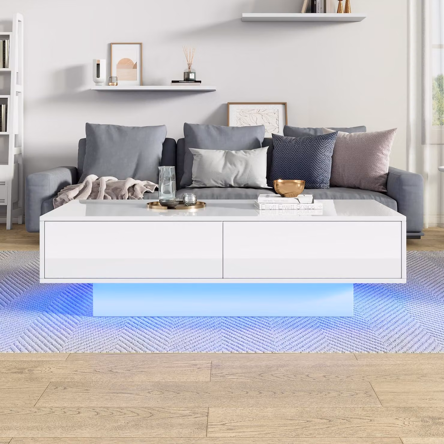 Tavolino da salotto Merax con finitura lucida e 2 cassetti, tavolino da divano con illuminazione LED, superficie lucida, tavolino laterale per il soggiorno, capacità di carico 30 kg, colore bianco