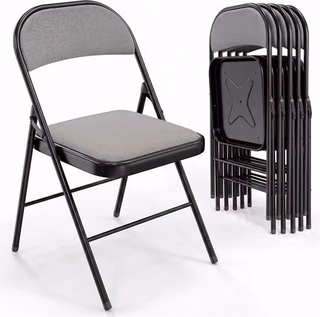 Set di 6 sedie pieghevoli impilabili Marvin in metallo nero con seduta imbottita in tessuto grigio – 1