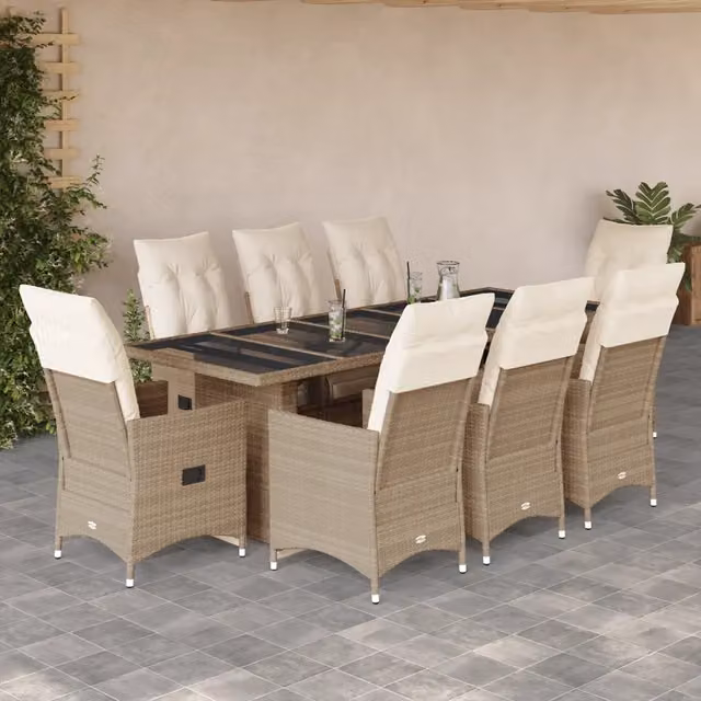 Set da Bistrò da Giardino vidaXL in Polyrattan con Cuscini Beige e Bianco 9 pz – 1