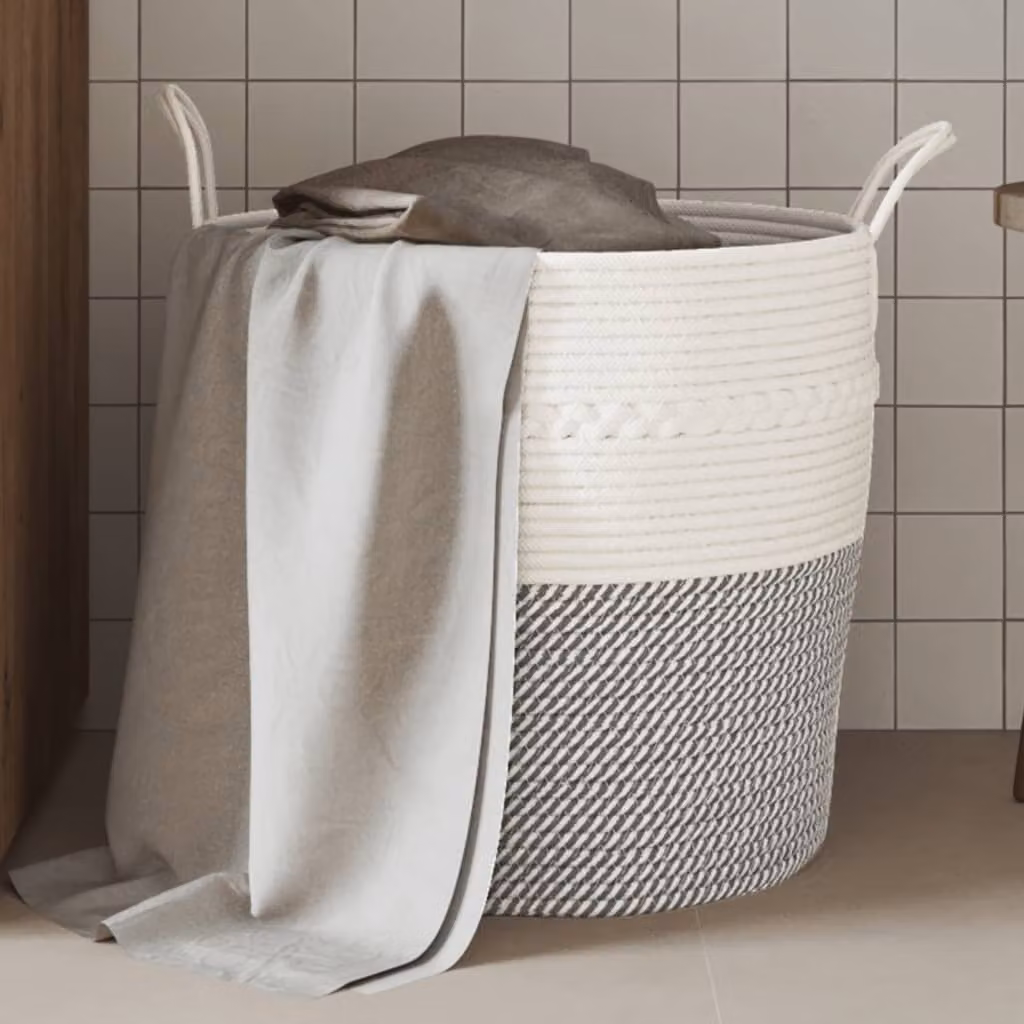Cestino portaoggetti vidaXL in tessuto multicolore grigio e bianco con maniglie e design a trama aperta, Ø 43 x H 38 cm