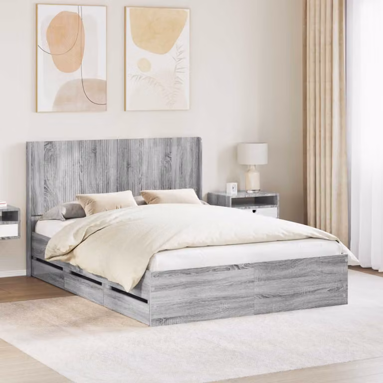 Struttura letto con stoccaggio e testata vidaXL in legno Sonoma grigio L: 150 cm, P: 200 cm, H: 156,5 cm