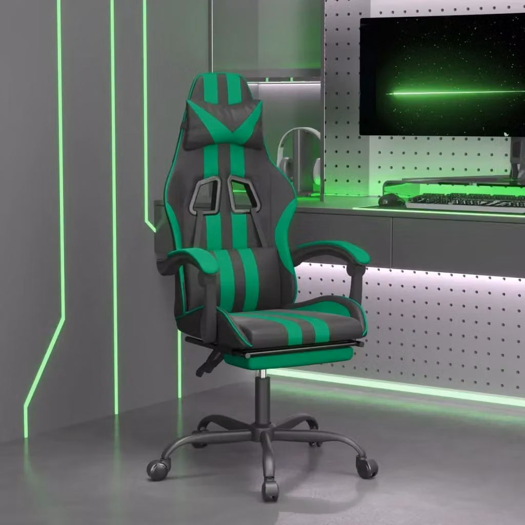 Sedia da Gaming Girevole con Poggiapiedi e Riposagliezza in Similpelle Nero e Verde – 2