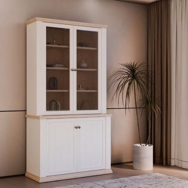 Vetrina Essenza Effezeta in stile classico con 2 ante in vetro, colore bianco e rovere, L/P/H: 109,1 x 43,3 x 202,1 cm