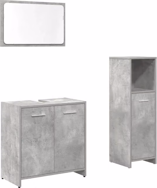 Set Mobili da Bagno Moderno 3 Pezzi Grigio con Mobile Lavabo, Armadietto Specchio e Mobile Laterale in Legno e Vetro