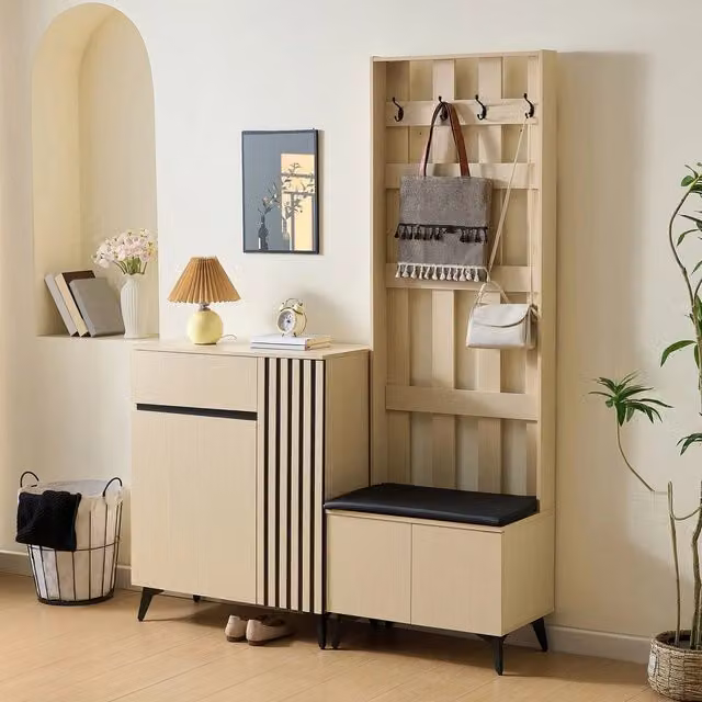 Set ingresso Minimal composto da consolle appendiabiti, panca e scarpiera in Rovere bianco e nero con ripiani e ganci – 1