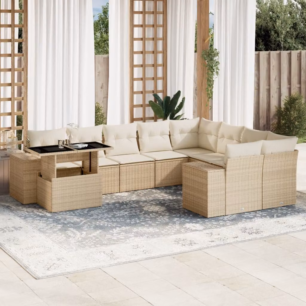 vidaXL Set Divano da Giardino a L 10 pz con Cuscini Beige e Tavolino in Polyrattan e Acciaio – 1
