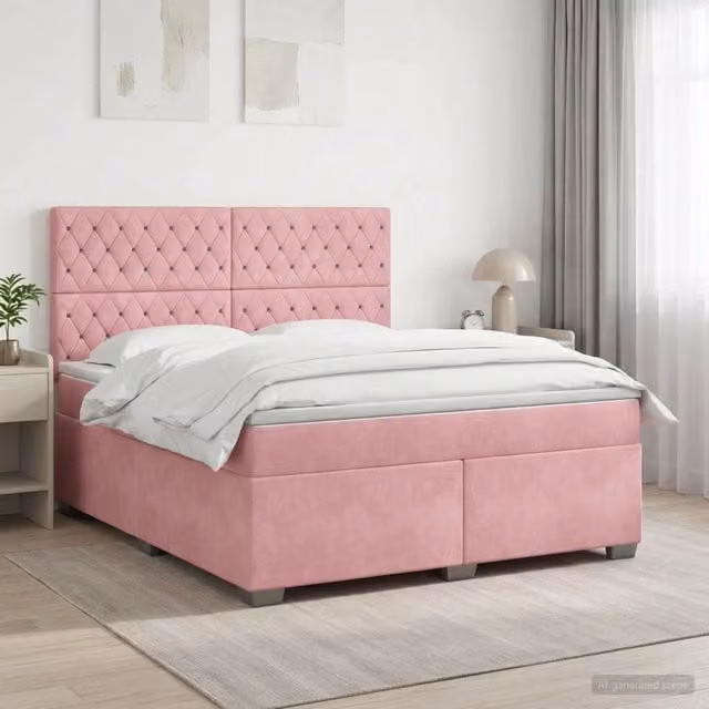 Letto box spring con materasso vidaXL in velluto rosa con base a sollevamento, illuminazione sottostante e porta USB, L/P: 140 x 200 cm