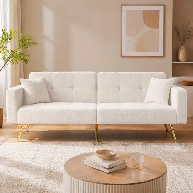 Divano letto reclinabile REDOM bianco e oro con struttura in legno e imbottitura L/P/H: 175 x 64 x 72 cm
