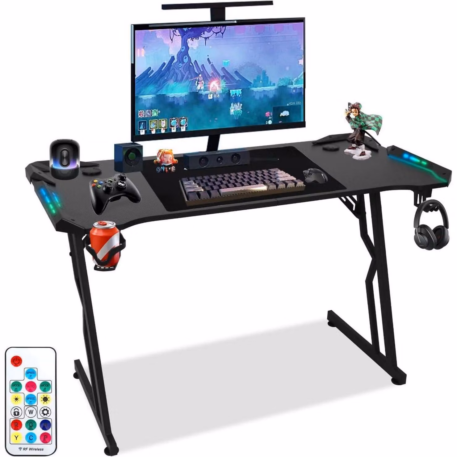 Scrivania da gaming con illuminazione RGB a LED, rivestimento in fibra di carbonio, portabicchieri, supporto per cuffie, colore nero, dimensioni 140x60 cm
