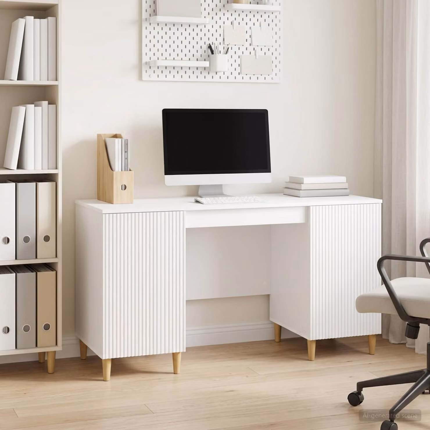 Scrivania moderna vidaXL in legno ingegnerizzato bianco lucido L: 142,5 cm, P: 50 cm, H: 75 cm