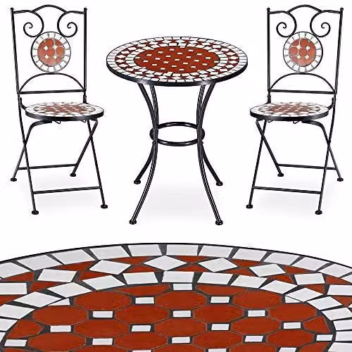 Set Tavolo e 3 Sedie Pieghevoli Bakaji con Design Mosaico Geometrico in Metallo e Pietra per Giardino e Terrazzo Multicolore