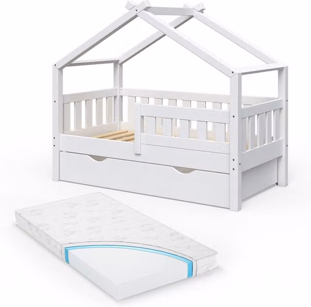 Letto montessori bambini Design Bianco 70x140 cm con cassetto e materasso Vitalispa