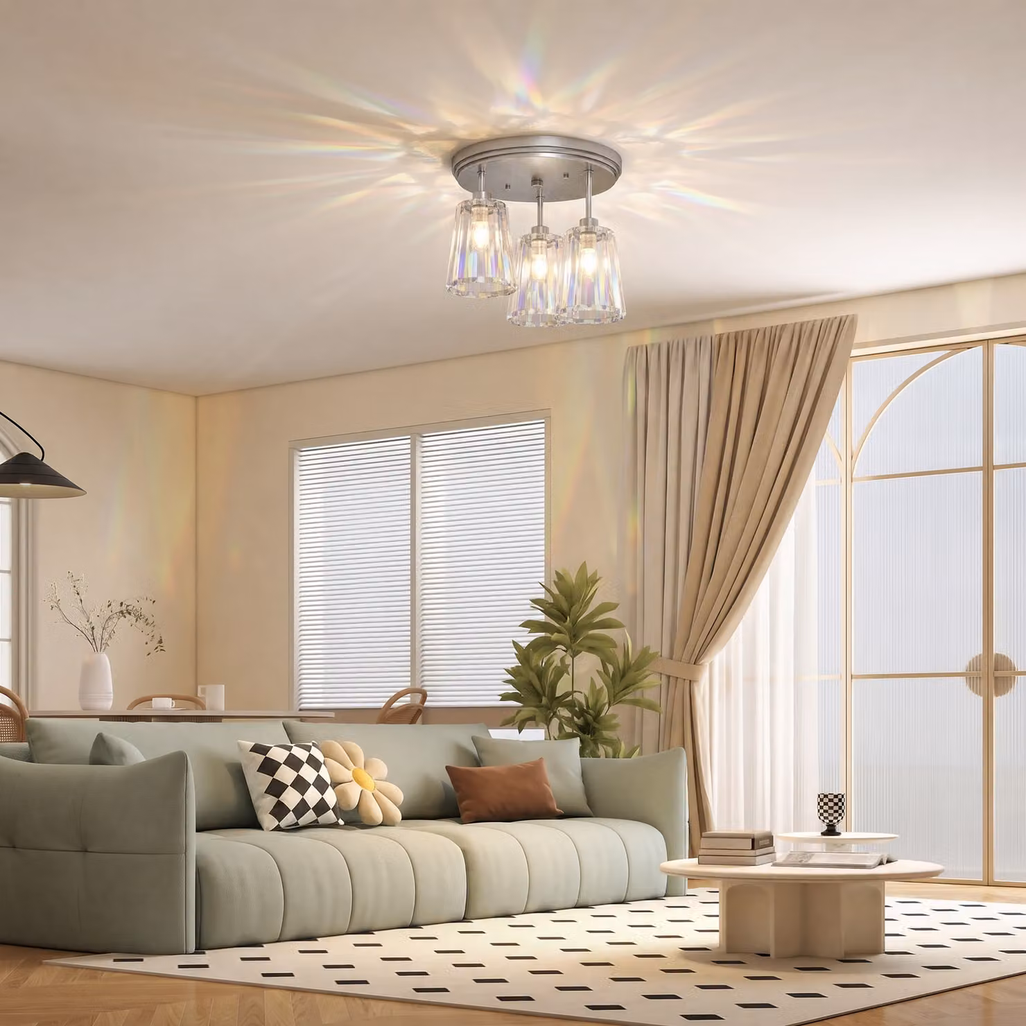 Plafoniera da soffitto HOMCOM in vetro cristallo con 3 luci, attacco E27, colore argento e trasparente, ideale per soggiorno, camera da letto o sala da pranzo – 2
