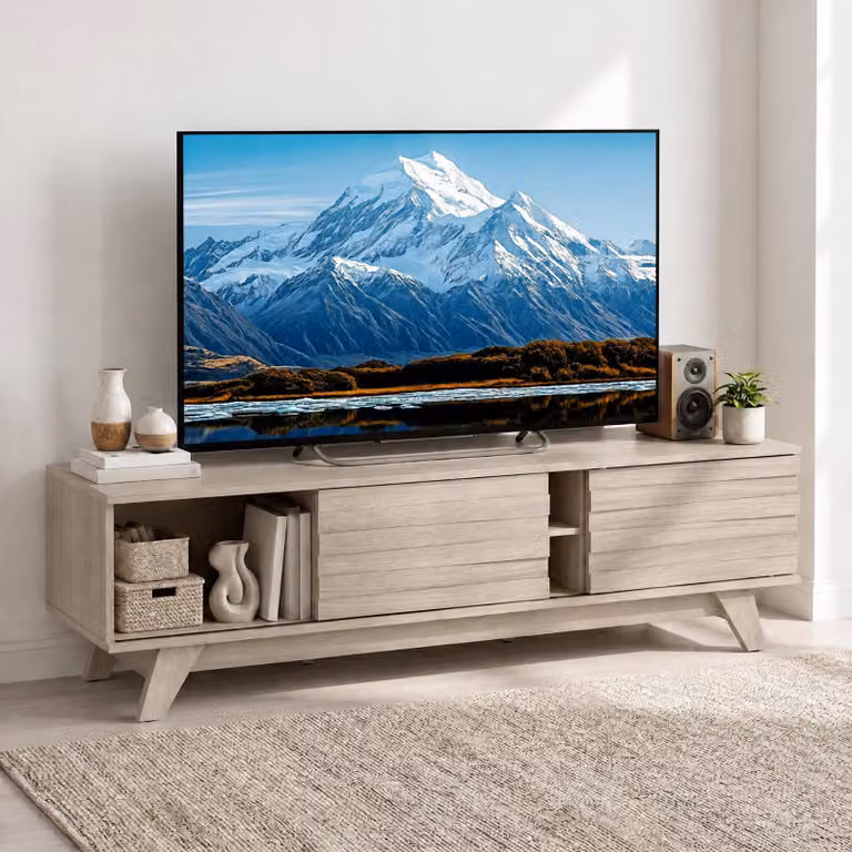 Mobile porta TV Costway in stile Mid-Century beige con ante scorrevoli e 2 ripiani aperti, adatto per schermi fino a 55 pollici, L: 145,0 cm, P: 39,5 cm, H: 41,5 cm