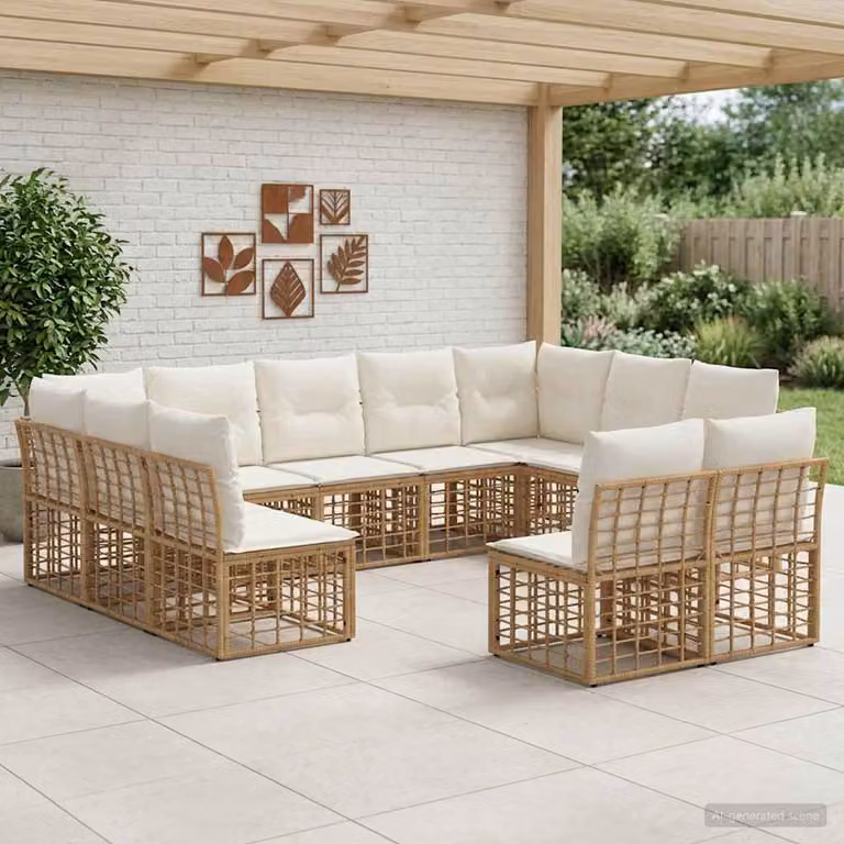 vidaXL Set di divani da esterno a forma di U per 11 persone, colore beige e bianco con struttura in metallo e cuscini inclusi
