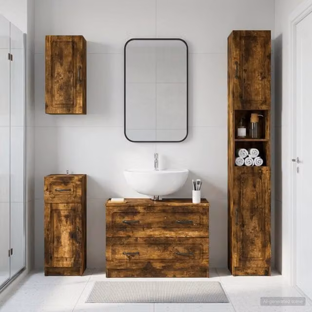 Set di mobili da bagno moderno vidaXL in legno color marrone con base lavabo e pensili a muro – 1
