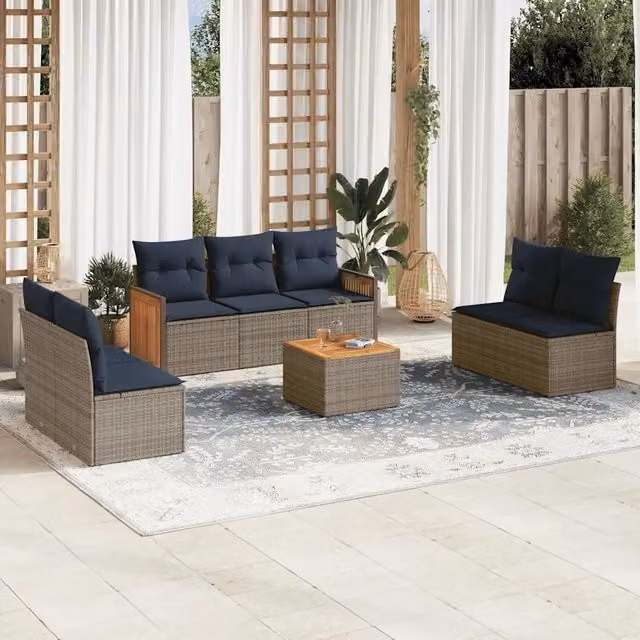 Set da giardino vidaXL in polyrattan a forma di U composto da 8 pezzi con cuscini grigi e blu e tavolino da caffè
