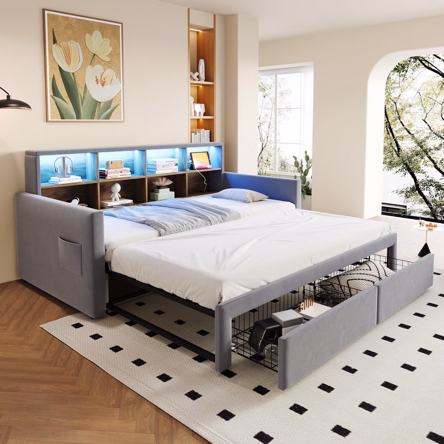 Flieks divano letto imbottito 90x190cm con letto estraibile, daybed con 2 cassetti e led, letto per ragazzi con funzione di carico, grigio chiaro