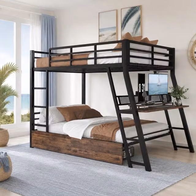 Letto a soppalco in ferro 140x200 cm con scrivania, cassetti, LED regolabile e scala antiscivolo nero, senza materasso