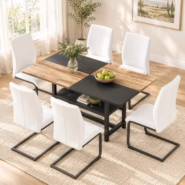 Set da pranzo moderno MIVRAY con tavolo rettangolare in MDF e 6 sedie in similpelle bianca e nera