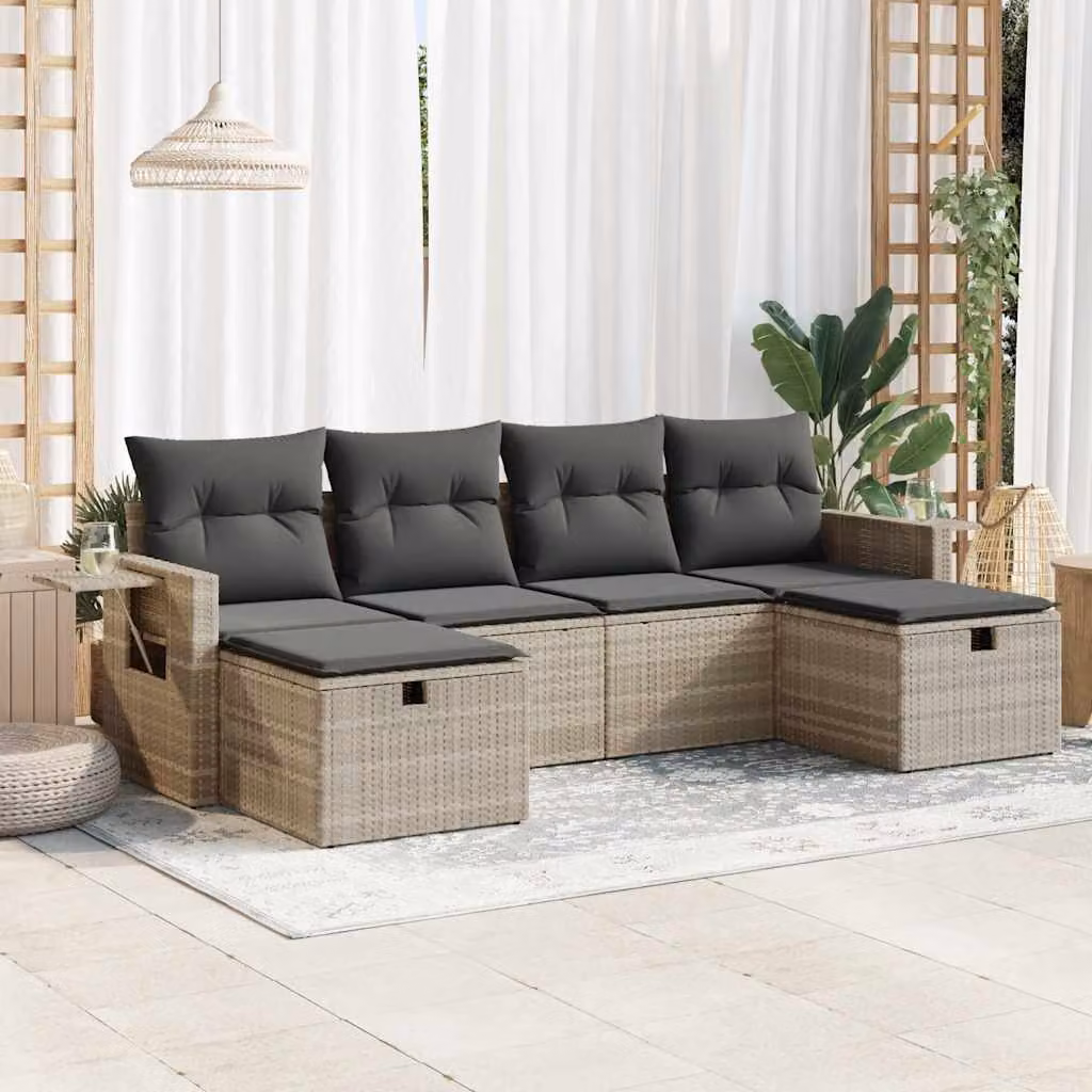 Set Divano da Giardino vidaXL a Forma di L in Polyrattan Grigio con 6 Cuscini Imbottiti e Ottoman