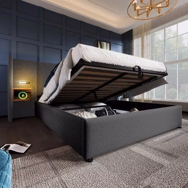 Letto imbottito matrimoniale contenitore ¨C Minimal ¨C Grigio tessuto lino 160x200cm pino massello metallo con rete a doghe comodini LED USB