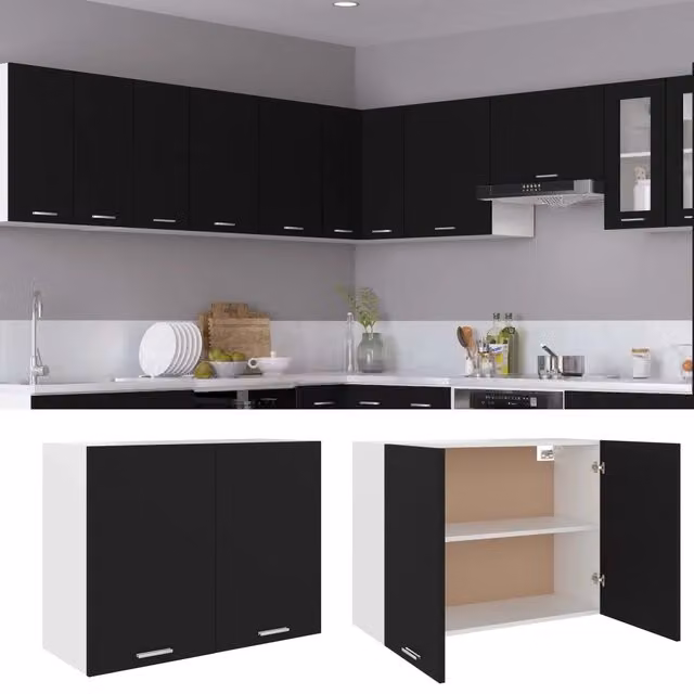 Mobile Pensile Moderno vidaXL Nero con Ante a Battente in MDF per Cucina e Soggiorno L: 80 cm, P: 31 cm, H: 60 cm