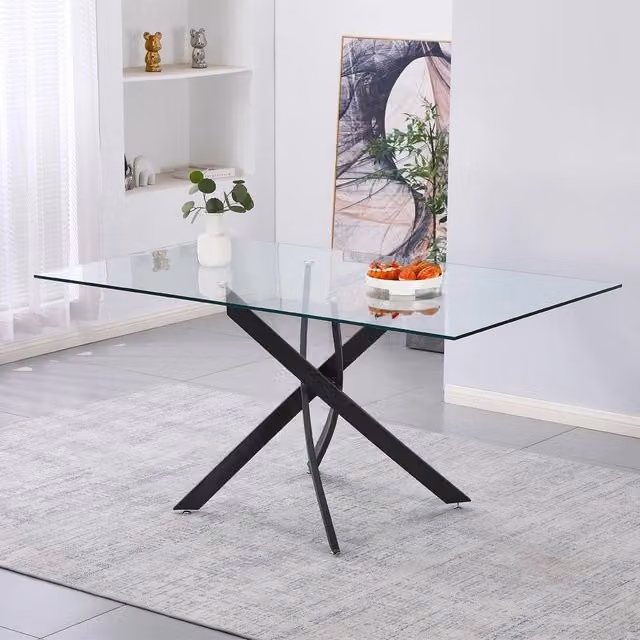 Tavolo da Pranzo Peyton 160×90 cm in Vetro Temperato con Gambe Incrociate Nere