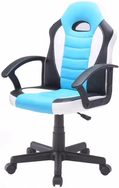 Sedia da gaming DMORA Miranda, poltrona da scrivania con braccioli e poggiatesta, Azzurro, Bianco e Nero, L: 56 cm, P: 55 cm, H: 89/100 cm