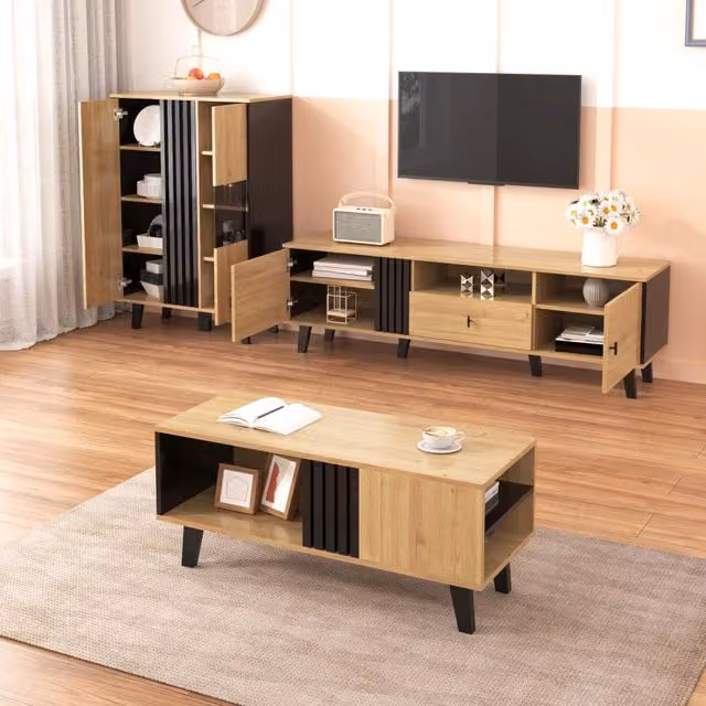 Set mobili soggiorno 3 pezzi con tavolino basso porta tv e credenza con LED in vetro e pannello truciolare nero legno