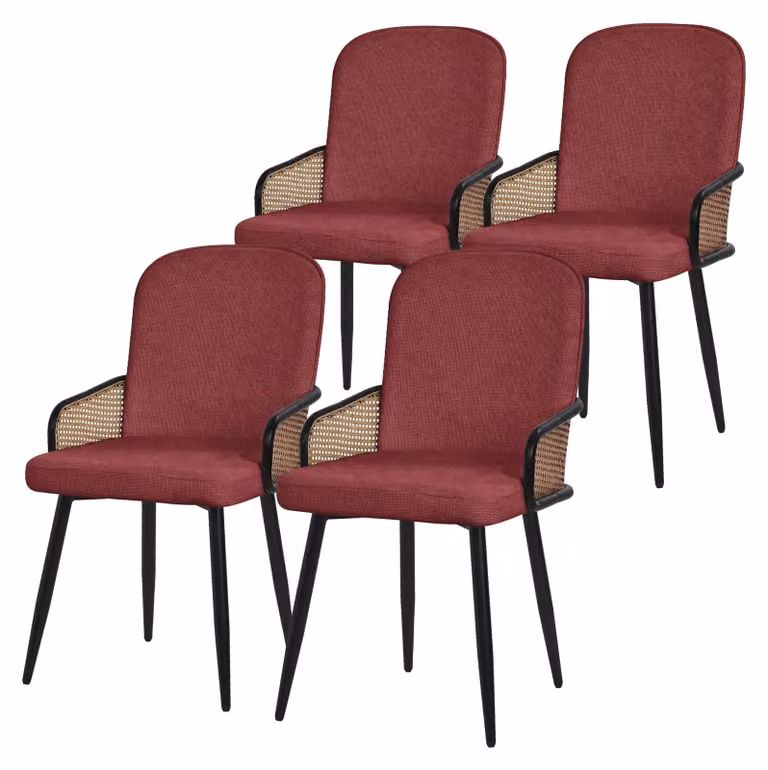 Set di 4 sedie da pranzo, colore rosso, rivestimento in tessuto, con braccioli, gambe in metallo