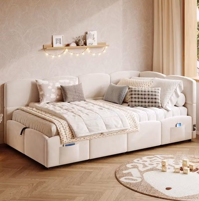 Divano letto 90x200 cm con contenitore idraulico in velluto beige (Senza materasso)