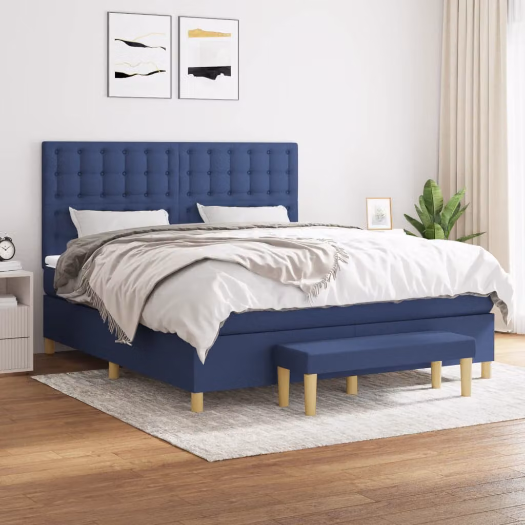vidaXL Letto Ibrido con Giroletto a Molle e Materasso in Tessuto Blu e Bianco, L/P/H: 180 x 200 x 128 cm – 1