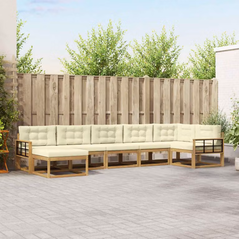vidaXL Set di divani da esterno a L in legno di acacia con 7 pezzi, Bianco e Beige