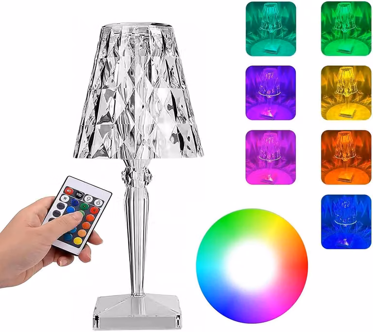 Lampada da tavolo in cristallo, bianca, con LED, molteplici colori RGB, telecomando, controllo touch e connessione USB-C