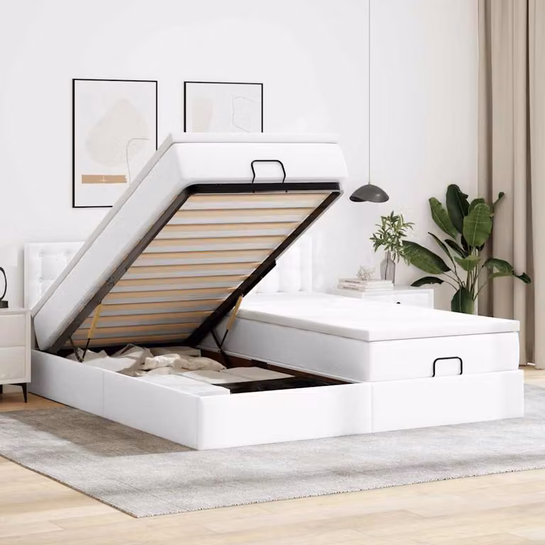Struttura Letto con Contenitore a Sollevamento vidaXL in Similpelle Bianca con Porte USB e Illuminazione Sotto il Letto L: 200 cm, P: 200 cm, H: 280 cm