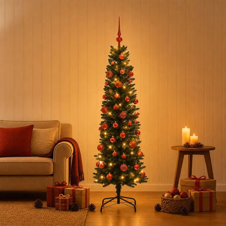Albero di Natale artificiale, sottile, con decorazioni a forma di pallina, altezza 150 cm