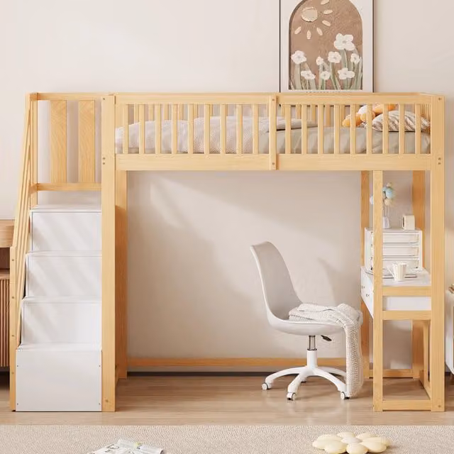 Letto a soppalco 90x200 con scrivania multifunzione e scale contenitore sicure; Struttura in legno di pino massiccio; Bianco