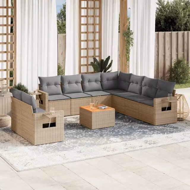 Set Divano da Giardino a L vidaXL in Polyrattan con Cuscini Beige e Grigio e Tavolino da Esterno