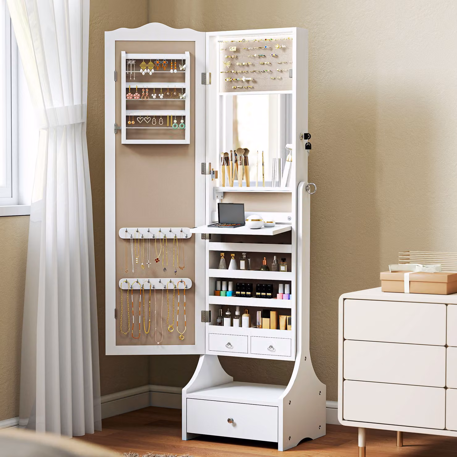 Specchiera Portagioie HOMCOM con Luci LED e Specchio Regolabile, Armadio Gioielli Moderno con Cassetti e Ripiano Interno, Bianco – 2