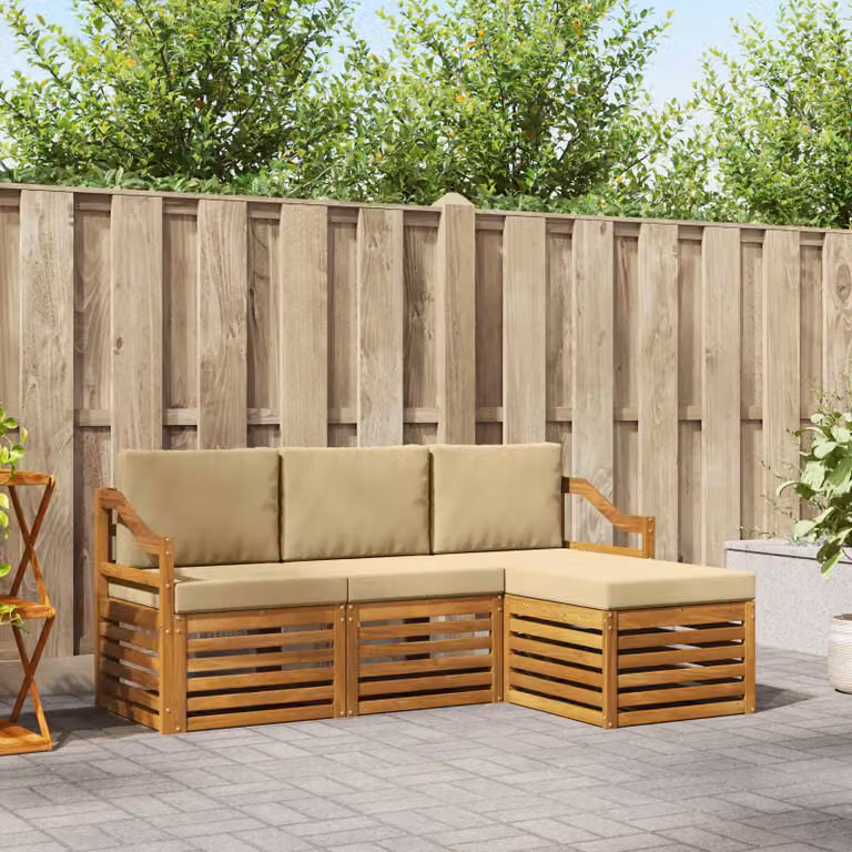 Set di divani da esterno vidaXL in legno di acacia con pouf e cuscini, colore beige e sabbia