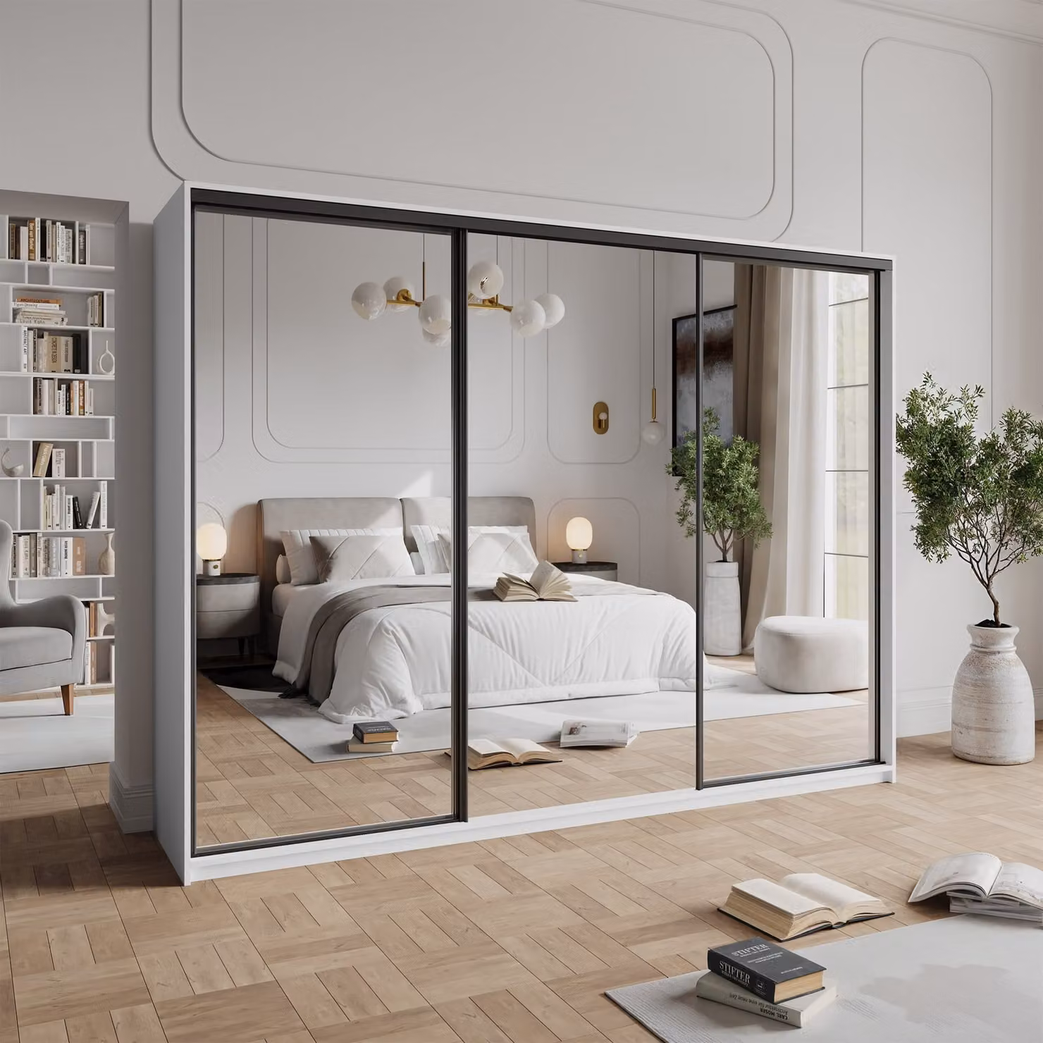 Masseno, armadio a porte scorrevoli RIEN 270/205/60 cm, armadio con cassetti, armadio da camera da letto a 3 ante con specchio, bianco + nero