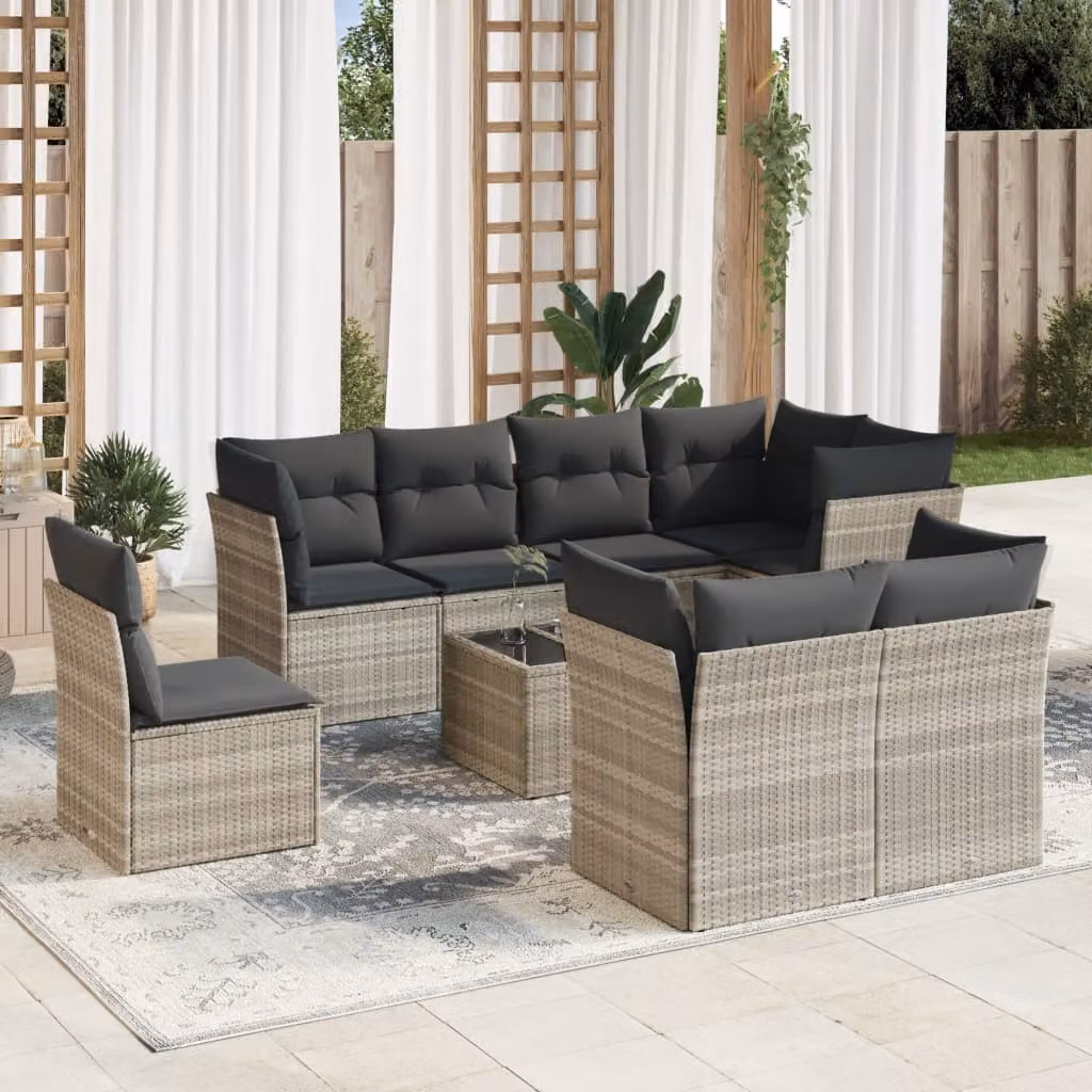 vidaXL Set Divano da Giardino Moderno 9pz con Cuscini Grigio con Tavolino e Struttura in Metallo e Polyrattan – 1