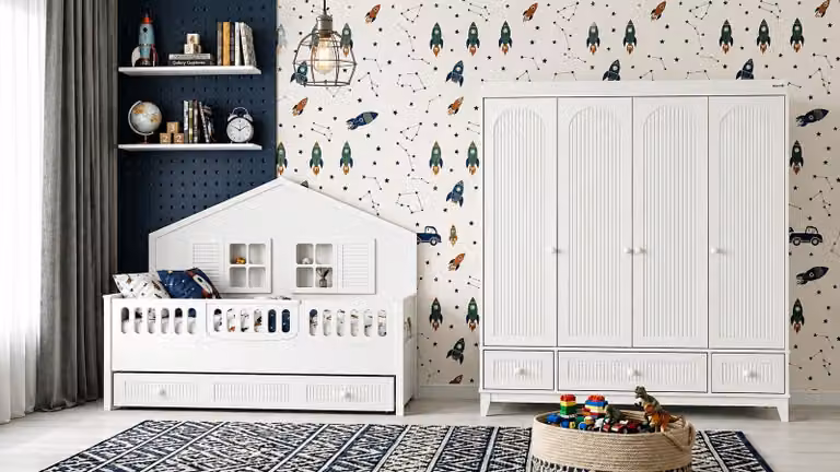 Set completo per cameretta: lettino e armadio, colore bianco, stile scandinavo