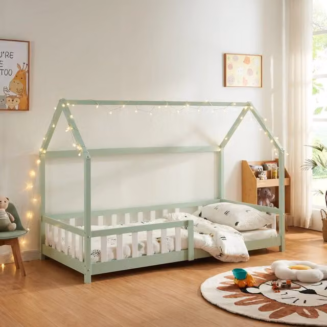 Letto Singolo Hesel per Cameretta a Forma di Casetta 90 x 200 cm Menta Verde [en.casa]