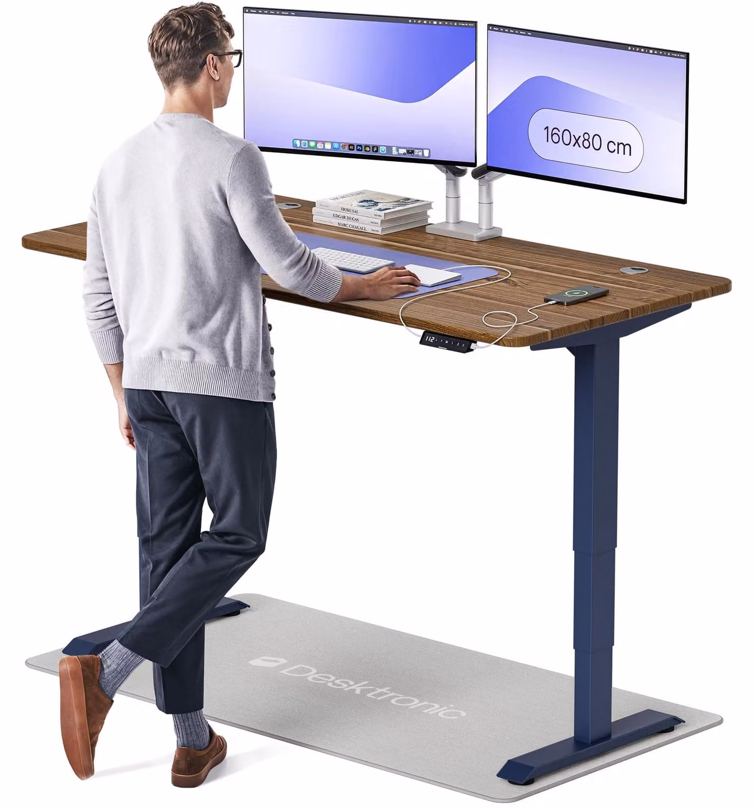 Scrivania regolabile in altezza, elettrica - 160 x 80 cm - Blu e noce - Scrivania moderna per computer