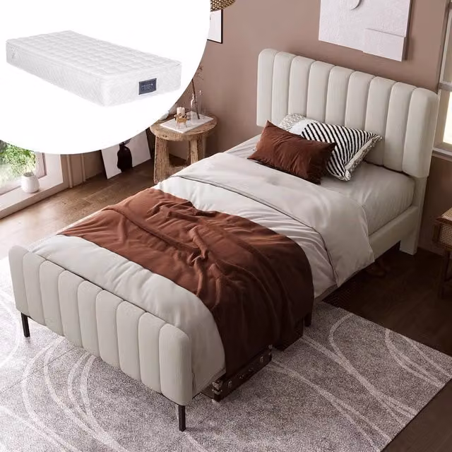 Letto imbottito singolo ¨C Minimal ¨C Grigio-beige tessuto 90x200 cm con rete a doghe testiera regolabile con materasso